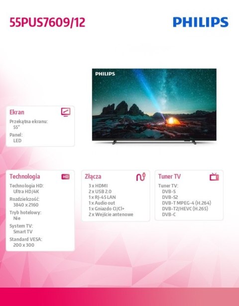 Philips Telewizor 55 cali LED 55PUS7609/12 Philips Telewizor 55 cali LED 55PUS7609/12