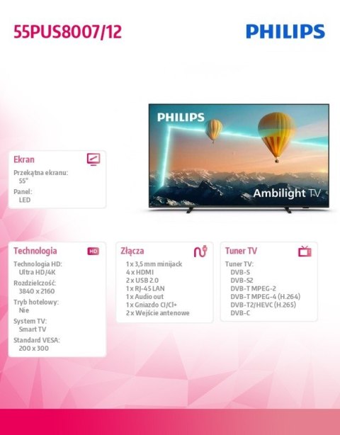 Philips Telewizor 55 cali LED 55PUS8007/12 ANDROID AMBILIGHT Philips Telewizor 55 cali LED 55PUS8007/12 ANDROID AMBILIGHT