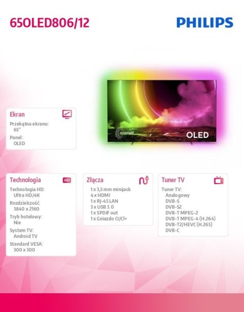 Philips Telewizor 65 cali OLED 65OLED806/12 Android, Ambilight 4