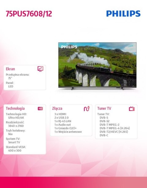Philips Telewizor 75 cali LED 75PUS7608/12 Philips Telewizor 75 cali LED 75PUS7608/12
