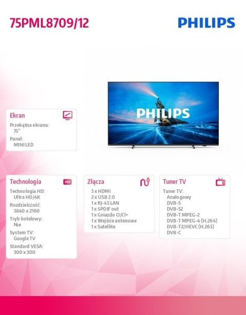 Philips Telewizor 75 cali MINI LED 75PML8709/12 Philips Telewizor 75 cali MINI LED 75PML8709/12