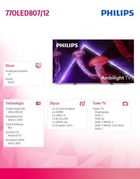 Philips Telewizor 77 cali OLED 77OLED807/12 Android, Ambilight 4