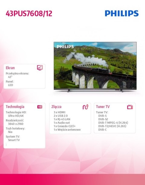 Philips Telewizor LED 43 cale 43PUS7608/12 Philips Telewizor LED 43 cale 43PUS7608/12