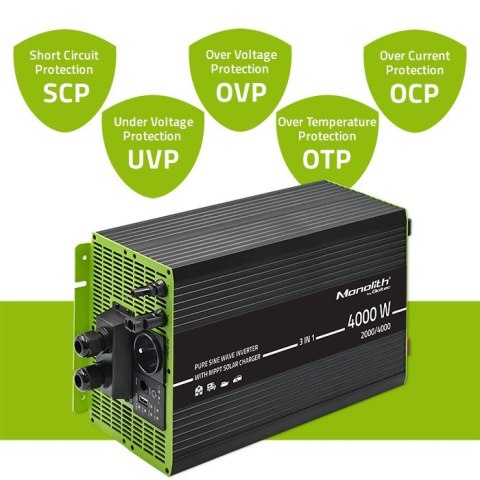 Qoltec Przetwornica solarna 3w1 z funkcją ładowania AC | MPPT | UPS | ATS | 2000W | 4000W | 12V n 230V | Czysty Sinus