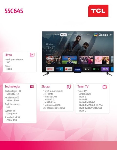TCL Telewizor QLED 55 cali 55C645