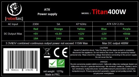 Rebeltec Zasilacz uniwersalny komputerowy ATX ver. 2.31 TITAN 400 Rebeltec Zasilacz uniwersalny komputerowy ATX ver. 2.31 TITAN 400