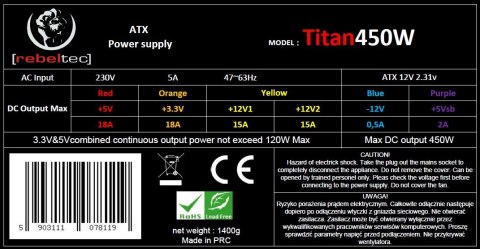 Rebeltec Zasilacz uniwersalny komputerowy ATX ver. 2.31 TITAN 450 Rebeltec Zasilacz uniwersalny komputerowy ATX ver. 2.31 TITAN 450