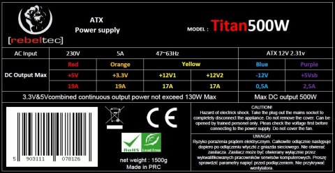 Rebeltec Zasilacz uniwersalny komputerowy ATX ver. 2.31 TITAN 500 Rebeltec Zasilacz uniwersalny komputerowy ATX ver. 2.31 TITAN 500