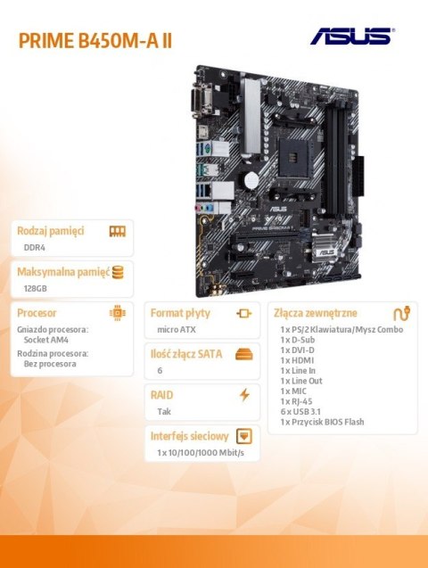 Asus Płyta główna PRIME B450M-A II AM4 DDR4 HDMI/DVI/DSUB/M.2 mATX Asus Płyta główna PRIME B450M-A II AM4 DDR4 HDMI/DVI/DSUB/M.2 mATX