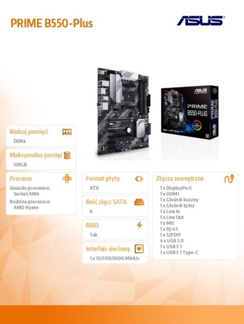 Asus Płyta główna PRIME B550-PLUS AM4 4DD R4 HDMI/DP M.2 ATX Asus Płyta główna PRIME B550-PLUS AM4 4DD R4 HDMI/DP M.2 ATX