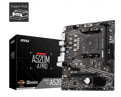MSI Płyta główna A520M-A PRO AM4 2DDR4 DVI/HDMI USB 3.2 mATX MSI Płyta główna A520M-A PRO AM4 2DDR4 DVI/HDMI USB 3.2 mATX