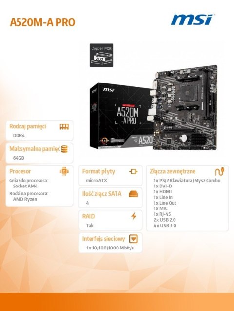 MSI Płyta główna A520M-A PRO AM4 2DDR4 DVI/HDMI USB 3.2 mATX MSI Płyta główna A520M-A PRO AM4 2DDR4 DVI/HDMI USB 3.2 mATX