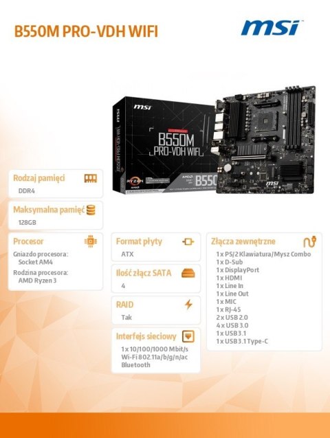 MSI Płyta główna B550M PRO-VDH WIFI AM4 4DDR4 HDMI/DP/VGA M.2 mATX MSI Płyta główna B550M PRO-VDH WIFI AM4 4DDR4 HDMI/DP/VGA M.2 mATX