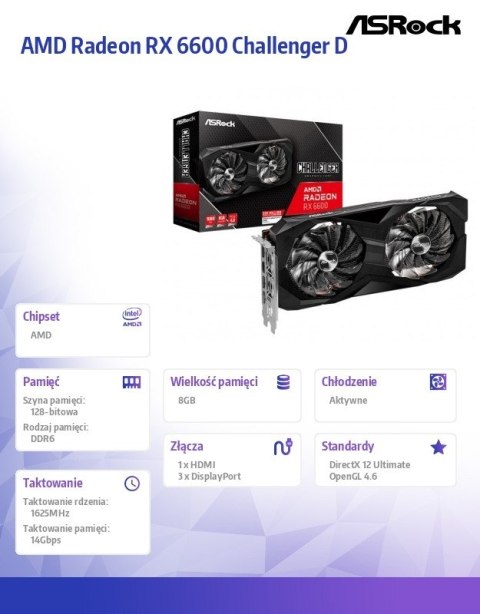 ASRock Karta graficzna Radeon RX 6600 Challenger D 8GB 128bit GDDR6 3DP/HDMI ASRock Karta graficzna Radeon RX 6600 Challenger D 8GB 128bit GDDR6 3DP/HDMI