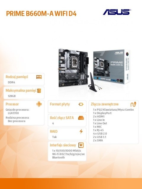 Asus Płyta główna PRIME B660M-A WIFI D4 s1700 4DDR4 HDMI M.2 mATX Asus Płyta główna PRIME B660M-A WIFI D4 s1700 4DDR4 HDMI M.2 mATX