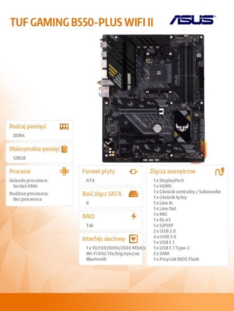 Asus Płyta główna TUF GAMING B550-PLUS WI FI II AM4 4DDR4 HDMI/DP M.2 ATX Asus Płyta główna TUF GAMING B550-PLUS WI FI II AM4 4DDR4 HDMI/DP M.2 ATX