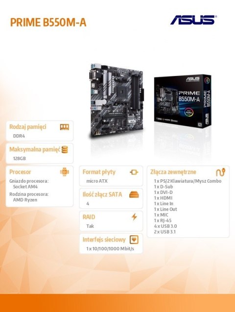 Asus Płyta główna PRIME B550M-A AM4 4DDR4 DVI-D/HDMI M.2 mATX Asus Płyta główna PRIME B550M-A AM4 4DDR4 DVI-D/HDMI M.2 mATX