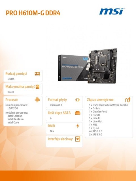 MSI Płyta główna PRO H610M-G s1700 DDR4 DP/HDMI M.2 mATX MSI Płyta główna PRO H610M-G s1700 DDR4 DP/HDMI M.2 mATX