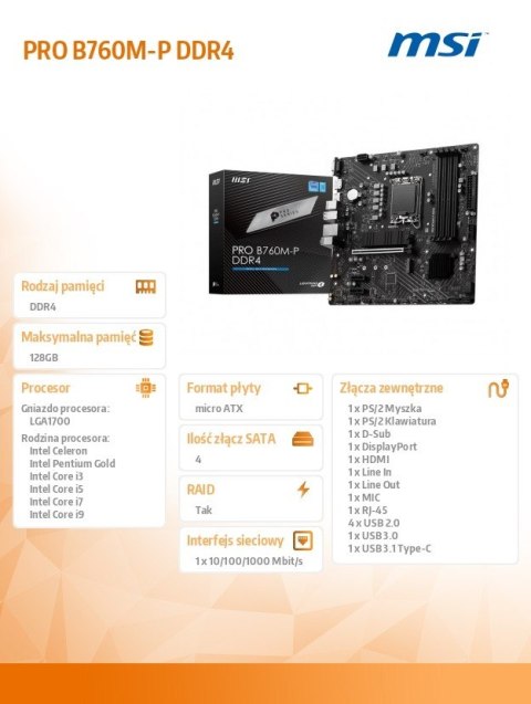 MSI Płyta główna PRO B760M-P DDR4 s1700 4DDR4 DP/HDMI 2M.2 mATX MSI Płyta główna PRO B760M-P DDR4 s1700 4DDR4 DP/HDMI 2M.2 mATX